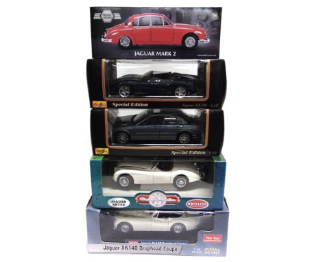 FIVE 1/18 SCALE DIECAST MODEL CARS  all Jaguars, each mint or near mint and boxed. 