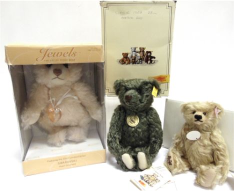 THREE STEIFF COLLECTOR'S TEDDY BEARS  including Jewels, 2007 Swarovski Teddy Bear, light peach, with certificate of authentic