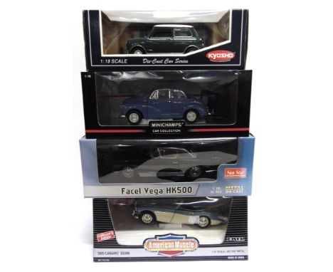 FOUR 1/18 SCALE DIECAST MODEL CARS  comprising a Sun Star No.3752, Facel Vega HK500, black; Minichamps No.137030, Morris Mino