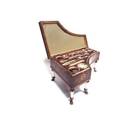 A MID 19TH CENTURY PALAIS ROYAL INLAID MAHOGANY MUSICAL SEWING BOX IN THE FORM OF A GRAND PIANO the box with marquetry inlaid