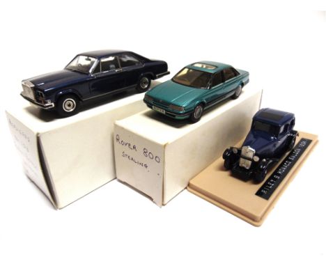 [WHITE METAL]. THREE 1/43 SCALE MODEL CARS  comprising a Replicars No.103, Rolls-Royce Camargue, metallic blue, mint, with se