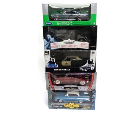 FIVE 1/18 SCALE DIECAST MODEL CARS  including U.S. muscle cars, each mint or near mint and boxed. 