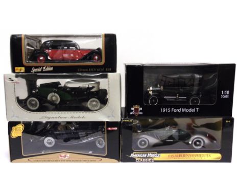 FIVE 1/18 SCALE DIECAST MODEL CARS  including a Motor City Classics 1915 Ford Model T, each mint or near mint and boxed. 