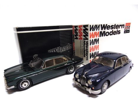 [WHITE METAL]. TWO 1/24 SCALE WESTERN MODELS CARS  comprising a Jaguar Mk II, dark blue, very near mint, boxed; and a Small W