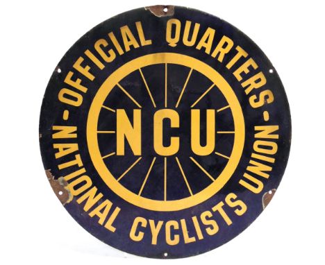 A NATIONAL CYCLISTS UNION OFFICIAL QUARTERS CIRCULAR ENAMEL WALL SIGN  with dark yellow lettering against a navy blue ground,
