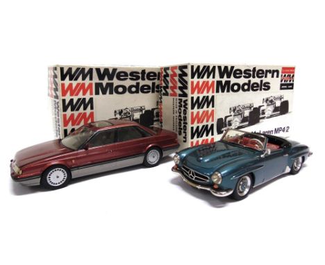 [WHITE METAL]. TWO 1/24 SCALE WESTERN MODELS CARS  comprising a Mercedes-Benz 220SL, metallic blue-green, very near mint, box