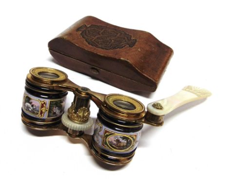 A PAIR OF 19TH CENTURY GILT BRASS &amp; ENAMEL OPERA GLASSES BY MAISON DE L'INGENIEUR CHEVALLIER  with a mother of pearl focu