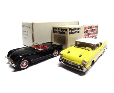 [WHITE METAL]. TWO 1/43 SCALE WESTERN MODELS CARS  comprising a Das Automobile 1953 Chevrolet Corvette Roadster, black, mint,