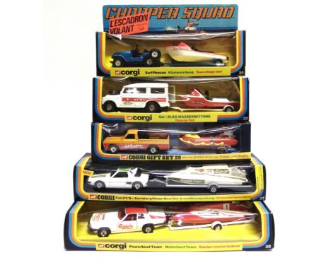 SIX CORGI DIECAST MODEL GIFT SETS  comprising a No.28, Mazda B1600, Trailer and Dinghy, metallic dark yellow and red; No.33, 