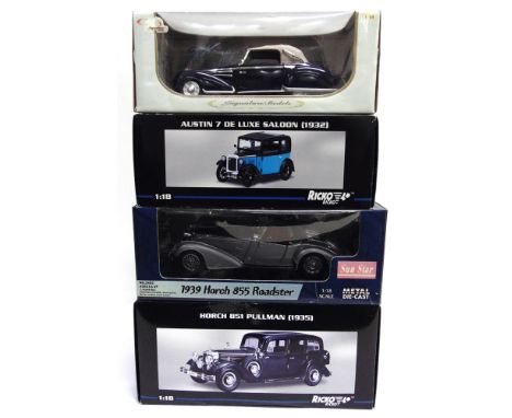 FOUR 1/18 SCALE DIECAST MODEL CARS  comprising a Ricko Ricko No.32109, 1935 Horch 851 Pullman, black; Ricko Ricko No.32130, 1