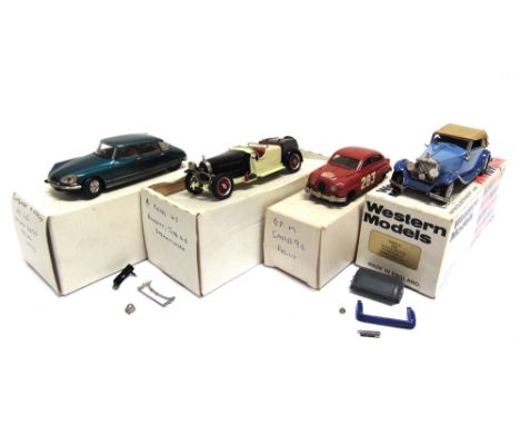 [WHITE METAL]. FOUR 1/43 SCALE MODEL CARS  with varying degrees of damage or detached / lost parts, each boxed.  