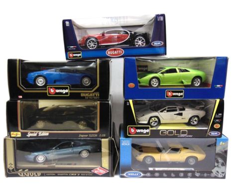 SEVEN 1/18 SCALE DIECAST MODEL CARS  including Italian supercars, each mint or near mint and boxed. 