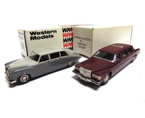 [WHITE METAL]. TWO 1/43 SCALE WESTERN MODELS CARS  comprising a Kim's Classics No.2, Cadillac Limousine 'Maloney', metallic m