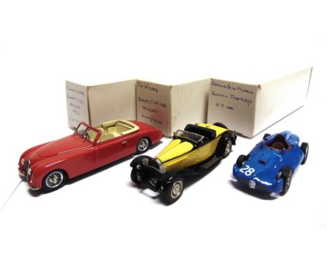 [WHITE METAL]. THREE 1/43 SCALE MODEL CARS  comprising a Tin Wizard No.3.03, Bugatti Type 50 Cabriolet, two-tone blue, mint, 