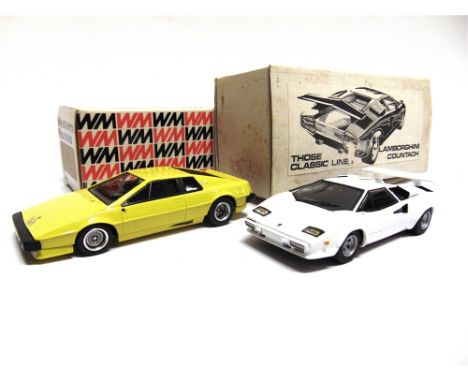 [WHITE METAL]. TWO 1/43 SCALE MODEL CARS  comprising a Western Models No.WP104X, 1981 Lotus Esprit Essex Turbo, yellow, mint,