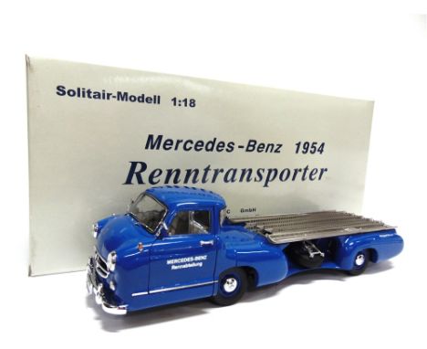 A 1/18 SCALE CMC 1954 MERCEDES-BENZ RENNTRANSPORTER  blue, near mint (rear left cab window with lifting frame), boxed. 