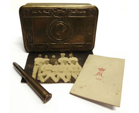 A GREAT WAR PRINCESS MARY CHRISTMAS 1914 BRASS GIFT TIN  with original card and 'bullet' pencil; and a trimmed group portrait