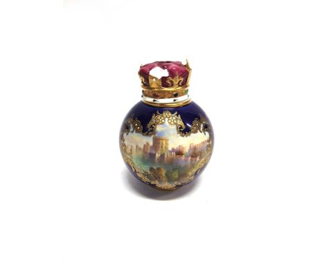 A ROYAL WORCESTER GEORGE V CORONATION VASE AND COVER painted with a scene of Windsor Castle within a gilt cartouche on a Roya