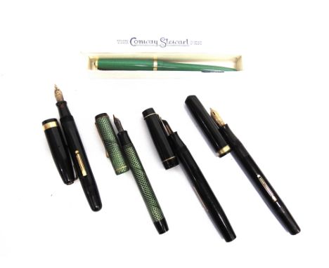 FIVE FOUNTAIN PENS  comprising an Onoto Minor, with a green lattice-weave pattern body; Conway 106, jade green, boxed; Waterm