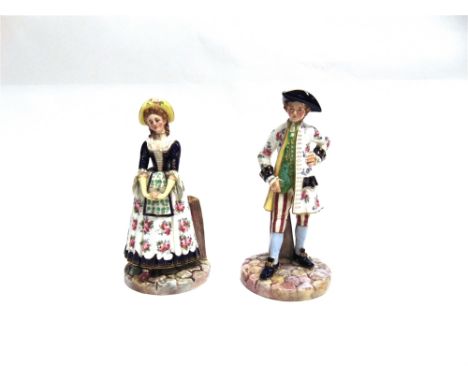 A PAIR OF JAMES HADLEY ROYAL WORCESTER FIGURES  modelled as a lady and her male companion, model 1052, impressed and printed 