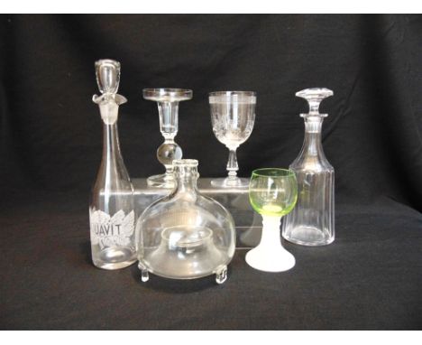 A COLLECTION OF GLASSWARE  including a wasp trap, decanter and stopper acid etched 'AQUAVIT' and another decanter and stopper