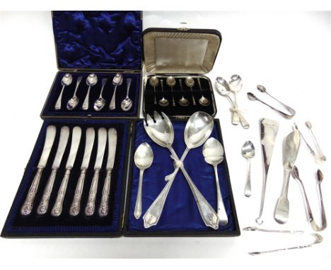A COLLECTION OF SILVER FLATWARE including a pair of salad servers; a cased set of six coffee spoons; a cased set of six teasp