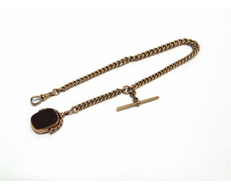 A 9 CARAT GOLD WATCH CHAIN of solid graduated curb links, 32cm long, with T bar and swivel, also a fob attached, 38g gross