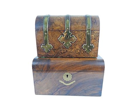 A VICTORIAN FIGURED WALNUT DOMED TOP TEA CADDY  with gilt brass fittings in the Gothic style, 22cm x 15cm x 11cm together wit