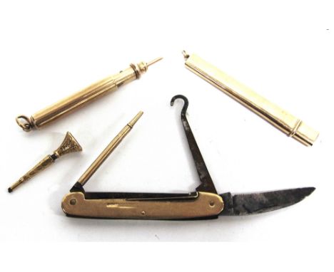 A SAMPSON MORDON & CO  9 carat gold combination pen knife, marks worn, with a button hook and propelling pencil; with a 9 car