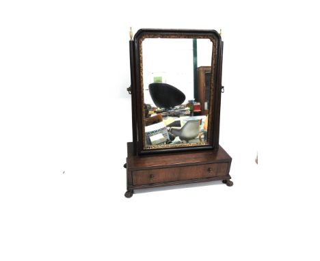 A PARCEL GILT MAHOGANY TOILET MIRROR  the base fitted with single drawer, on four brass paw feet, 41cm wide 21cm deep 53cm hi