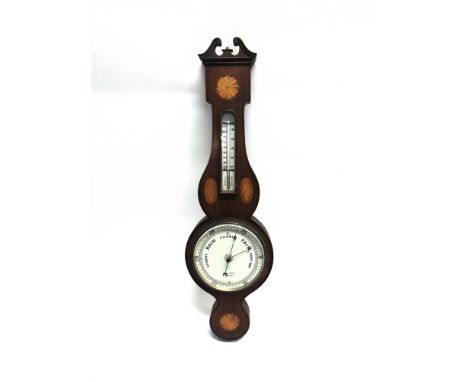 A MAHOGANY ANEROID BAROMETER/THERMOMETER  inlaid with marquetry decoration, by Dollond London, 68cm high