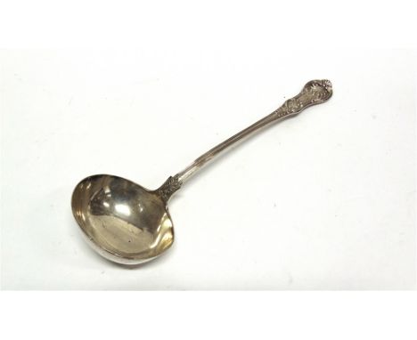 A VICTORIAN SILVER QUEENS PATTERN SOUP LADLE  by George Adams, London 1865, double struck, 34cm long, 297g (9.5 troy ozs) gro