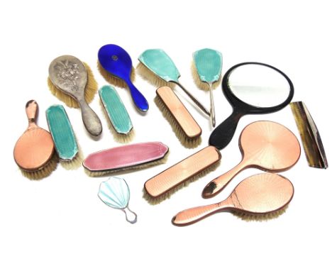 A COLLECTION OF THREE SILVER ENAMEL HAIR BRUSHES  four similar clothes brushes; a small purse mirror; a silver hair brush; a 