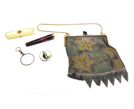 A GEORGIAN IVORY TOOTHPICK BOX now relined and no mirror; a gold mounted cheroot holder; a bottle top enamelled with a grouse