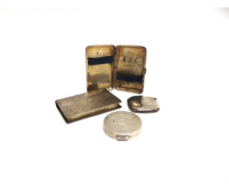 A SILVER VESTA CASE with an Austrian cigarette case; inscribed metal cigarette case; and a circular silver pill box 