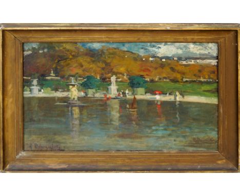 Alice Dannenberg, French 1861-1948- The boating pool, Jardin du Luxembourg, Paris; oil on canvas, signed twice, 53.8x81cm (ma