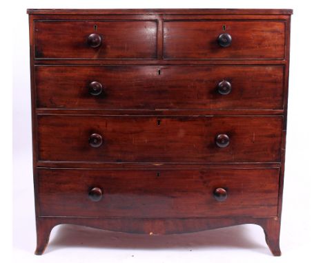 A 19TH CENTURY MAHOGANY TWO SHORT AND THREE LONG DRAWER CHEST with turned handles, standing on splayed bracket feet, 106cm wi