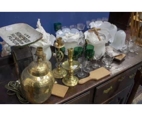 A MIXED LOT  to include a 17th century style Heemskerk candlestick, Christopher Wray light fittings, kitchenalia etc