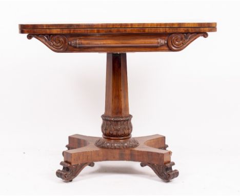 A WILLIAM IV MAHOGANY FOLDOVER CARD TABLE with an octagonal stem and four scrolling supports 92cm wide x 46cm deep x 76.5cm h