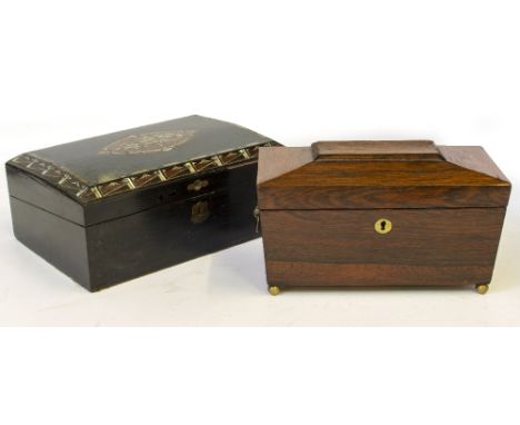 A VICTORIAN EBONISED WRITING SLOPE with burr wood and white metal inlay 33cm wide x 23cm deep x 12.5cm high together with a 1