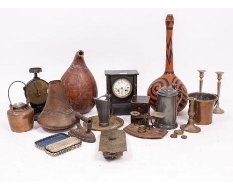 A COLLECTION OF KITCHEN SCALESto include Salters No. 60 and No. 50 together with carved and painted gourds, copper pot, minia