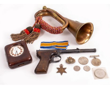 A DIANA MOD II AIR PISTOL together with a chrome plated desk watch, a 1939-45 medal, a 1939-45 star, a Victorian crown brass 