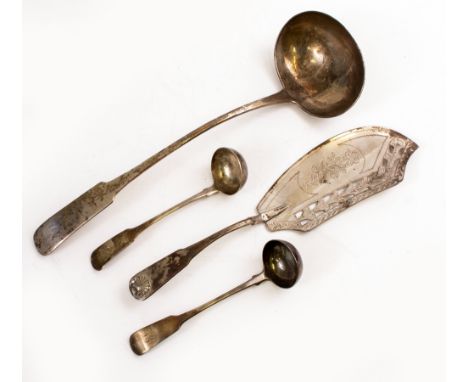 A SCOTTISH PROVINCIAL SILVER LADLE bearing marks for Perth Keay Robert II, a Scottish silver fish slice by the same silversmi