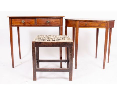 A SHERATON STYLE WALNUT SIDE TABLE on square tapering legs with frieze fitted drawer and conch shell inlay, a tapestry topped