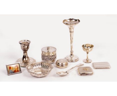 A COLLECTION OF SILVER  to include a Victorian cigarette case, match case, spoon and other items such as a tapering posy vase