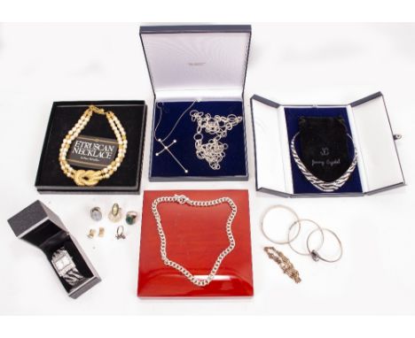 A SELECTION OF JEWELLERY to include a Jimmy crystal costume jewellery collar bangle and watch, a 'silver' ring and matching e