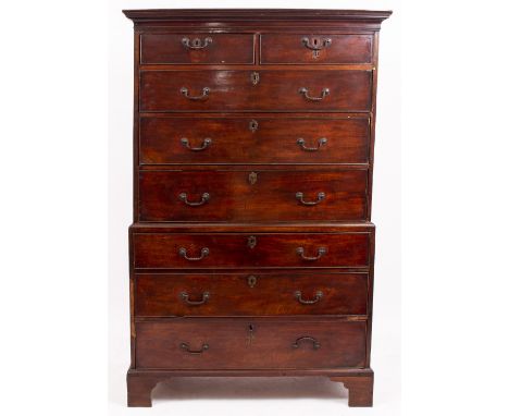 A LATE 18TH / EARLY 19TH CENTURY MAHOGANY CHEST ON CHEST consisting of two short above three long drawers, top section above 