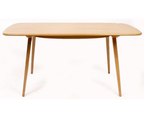 AN ERCOL LIGHT ELM DINING TABLE with square tapering supports, the top 155cm wide x 77cm deep x 71cm high and having a later 