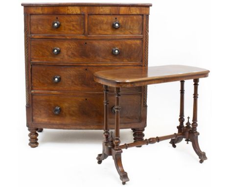 AN EARLY VICTORIAN NORTH COUNTRY MAHOGANY BOW FRONTED CHEST of two short and three long drawers with ebonised turned handles 