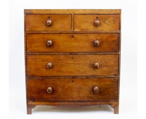 A VICTORIAN MAHOGANY CADDY TOPPED CHEST OF TWO SHORT AND THREE LONG DRAWERS with turned knob handles and bracket feet, 94cm w